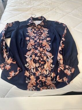 Boston Proper Navy Button-Down Shirt with Peach Paisley Print